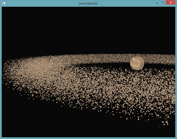 Obraz pola asteroid w OpenGL narysowany za pomocą renderowania instancyjnego