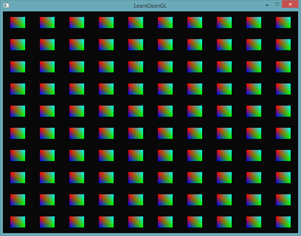 100 kwadratów narysowanych za pomocą instancji OpenGL.