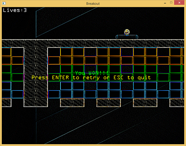 Obraz wygranej w OpenGL Breakout z renderowanym tekstem FreeType